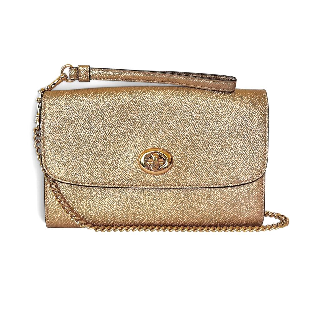 Coach Rose Gold Leather Gold Turnlock Chain Crossbody Convertible Bag #F22828
